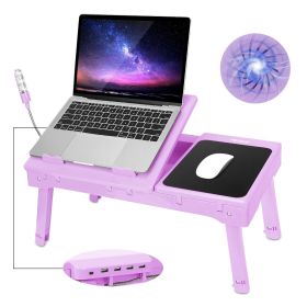 Foldable Laptop Table Bed Notebook Desk with Cooling Fan Mouse Board LED light 4 xUSB Ports Breakfast Snacking Tray - Purple