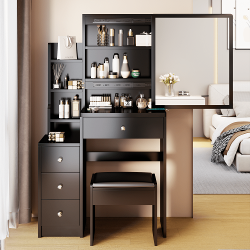 Small Space Left Bedside Cabinet Vanity Table + Cushioned Stool, Extra Large Right sliding mirror, Multi Layer High Capacity Storage, Practical Fashio Small Space Left Bedside Cabinet Vanity Table + Cushioned Stool, Extra Large Right sliding mirror, Multi Layer High Capacity Storage, Practical Fashio