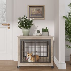 Furniture Dog Cage Crate with Double Doors on Casters. Grey, 31.50'' W x 22.05'' D x 24.8'' H. - Grey