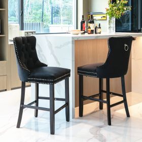 A&A Furniture,Contemporary Velvet Upholstered Barstools with Button Tufted Decoration and Wooden Legs, and Chrome Nailhead Trim