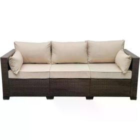 Outdoor Sofa with Non-Slip Beige Cushion, Patio Couch PE Wicker 3-Seat Outdoor Brown Rattan Sofa Deep Seating Furniture