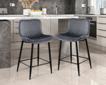 Set of 2 Counter Height Chairs Dark Gray Velvet Upholstery Modern Casual Dining Furniture Metal Legs, 24-inch Seat