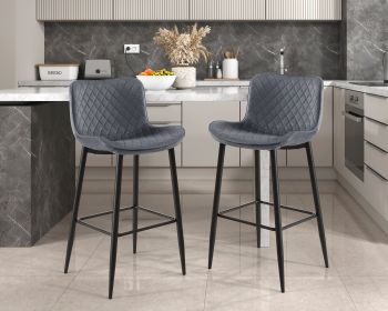 Set of 2 Pub Height Chairs Dark Gray Velvet Upholstery Modern Casual Dining Furniture Metal Legs, 29-inch Seat Height, Bar Chairs