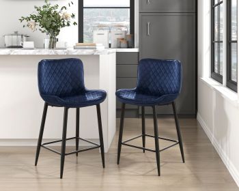 Set of 2 Counter Height Chairs Dark Blue Velvet Upholstery Modern Casual Dining Furniture Metal Legs, 24-inch Seat