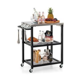 3-Tier Foldable Outdoor Stainless Steel Food Prepare Dining Cart Table on Wheels - Black
