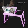 Foldable Laptop Table Bed Notebook Desk with Cooling Fan Mouse Board LED light 4 xUSB Ports Breakfast Snacking Tray - Purple