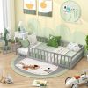 Twin Size Kids Wood Montessori Floor Bed with Door and Fence - Gray