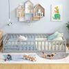Twin Size Kids Wood Montessori Floor Bed with Door and Fence - Gray