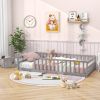 Twin Size Kids Wood Montessori Floor Bed with Door and Fence - Gray
